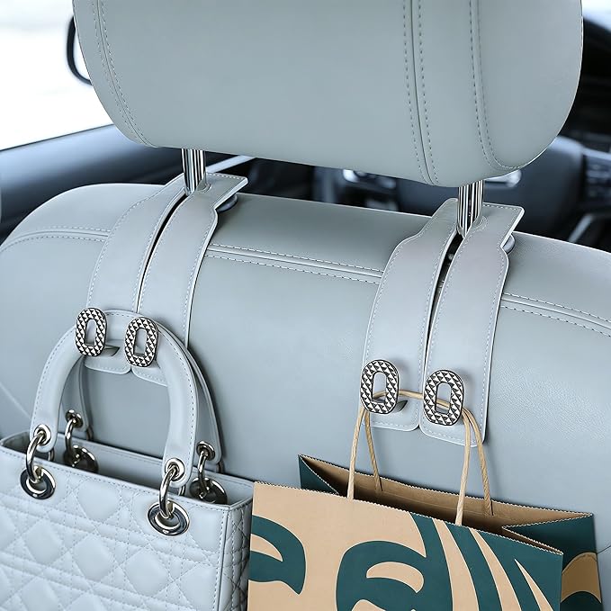 Car Headrest Hooks Universal Car Purse Hook Premium Leather and Alloy Twin Hook Car Seat Back Storage Hanger Hook for Purse Bags Cloth Drink Durable Holder Car Accessories (BH09-Grey-Black-4 Pack)