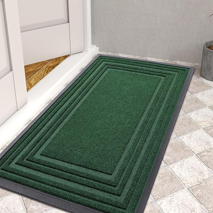 Buganda Front Door Mat Indoor Outdoor Entrance, Non-Slip Natural Rubber Doormats, Easy Clean, Low Profile, Dirt Trapper Entryway Floor Mats for Outside, Garages and Patios, 29.5x17, Green