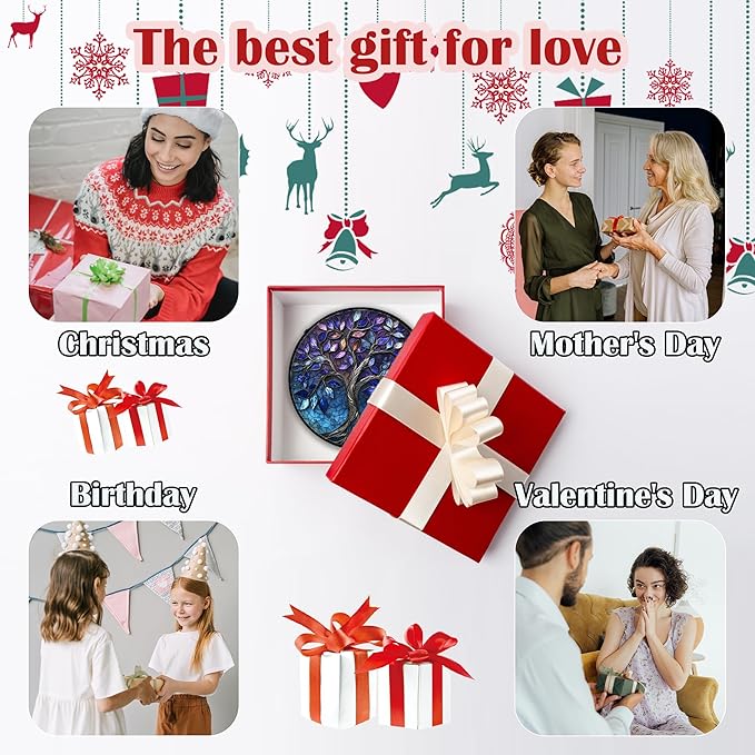 Stained Glass Window Hanging, Blue Purple Tree of Life Sun Catchers Colorful Glass Panel Plants Suncatcher Decor for Birthday for Women,Men,Wife, Lovers, and Mom 9.8 in