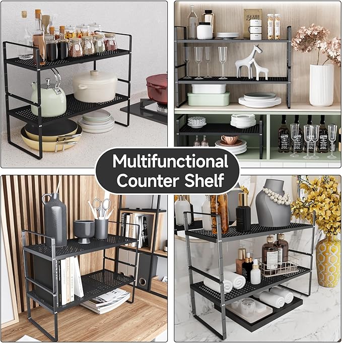 2-Pack Expandable Cabinet Countertop Shelves 16.5-27''L, Adjustable Metal Spice Rack Organizer, Stackable Kitchen Counter Storage Shelves Organizers for Cabinet Organization, Black