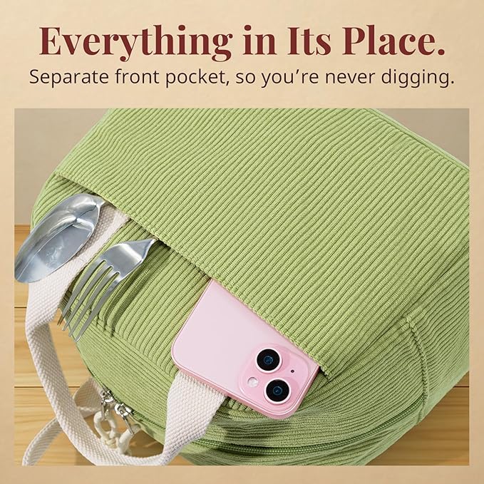 LOVELYWIND Insulated Lunch Bag for Women Men, Stylish Corduroy Tote Bag with Aluminum Lining, Large Capacity Reusable Cooler for Work, Travel, or Beach, Guacamole Green Lunch Box