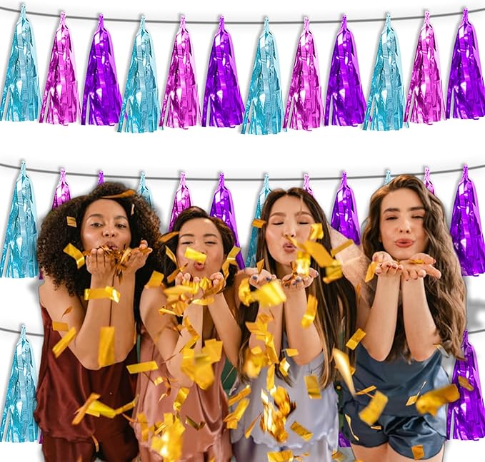 3P Lake Blue Purple-Hot Pink Metallic Fringe Tassel Banner Garland Foil Tinsel Streamer Wall Hanging Curtain Backdrop Banner for Parade Floats, Graduation Decorations, Wedding Party Decoration