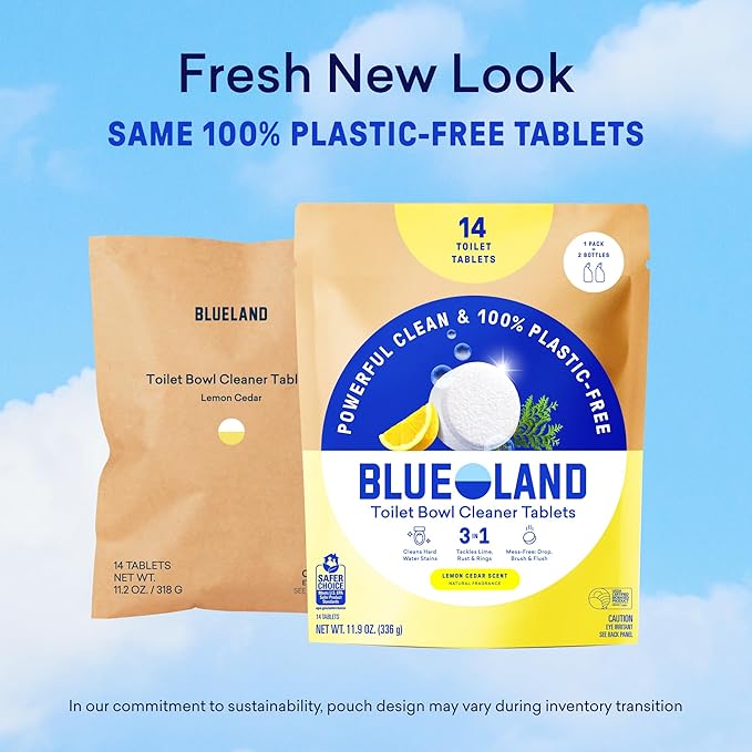 BLUELAND Toilet Bowl Cleaner Tablets, 2-Pack, 28 Count, Lemon Cedar, Plastic-Free, No Harsh Chemicals, Plant-Based