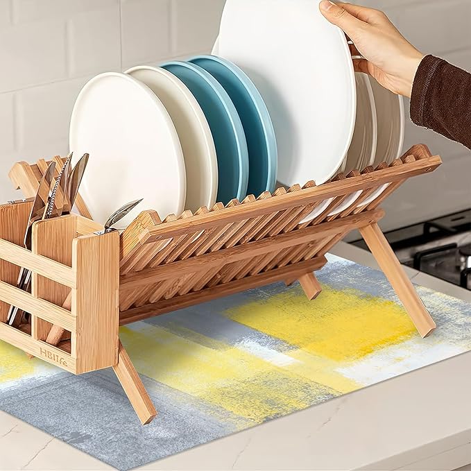 UIUPRO Grey Yellow Dish Drying Mats 18x24 Inch, Abstract Art Dish Pad Drying Rack Mat for Kitchen Counter Ultra Absorbent Microfiber Dishware Coffee Maker Bar Countertop Decor