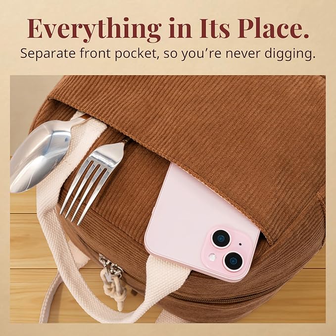 LOVELYWIND Insulated Brown Sugar Lunch Bag for Women, Stylish Corduroy Tote with Aluminum Lining, Large Capacity Reusable Cooler for Work, Travel, or Beach, Beige Cream Water-Resistant Lunch Box