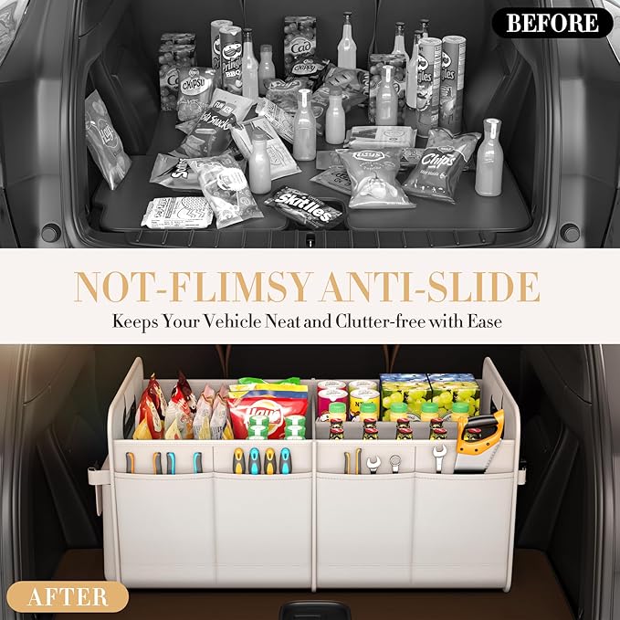 Trunk Organizer For SUV & Sedan, Car Organizers and Storage, Waterproof Collapsible & Adjustable Straps, 75L Sturdy Car Organization for Car Accessories, Tools, Sundries, 2-3 Compartment (Beige)