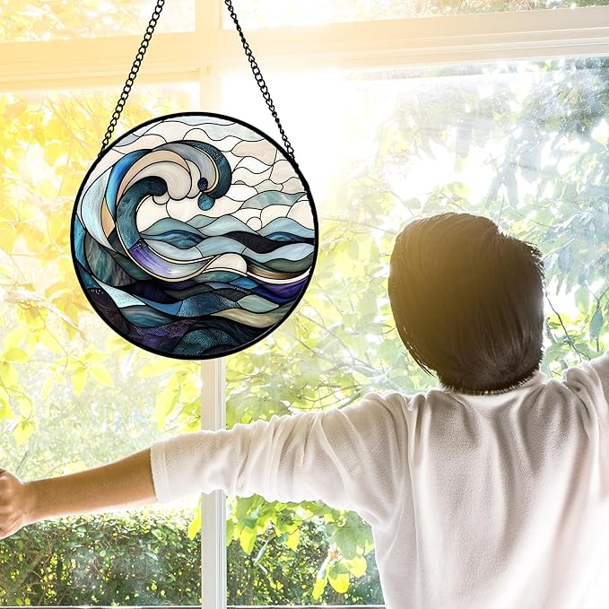 Stained Glass Window Hanging, Ocean Waves Sun Catchers Diamond Glass Panel Hangings Abstract Suncatcher Decor for Birthday for Women, Men, Wife, Aunt, and Mom 11.8x11.8 in