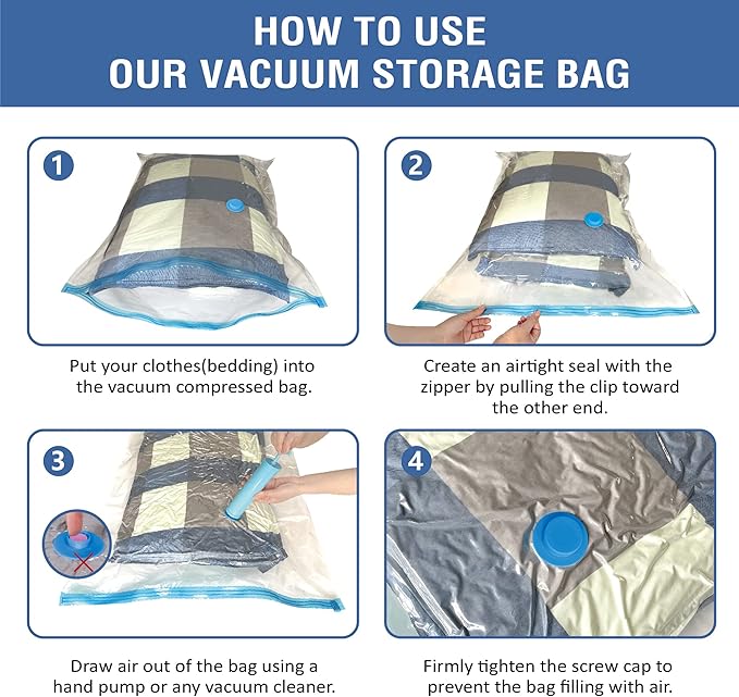 8 Jumbo Vacuum Storage Bags, Space Saver Bags Compression Storage Bags for Comforters and Blankets, Vacuum Sealer Bags for Clothes Storage, Hand Pump Included