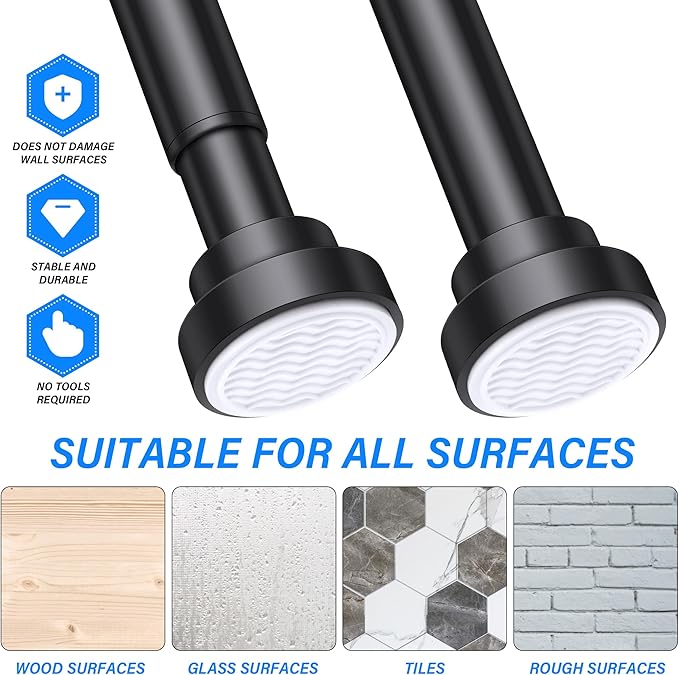 Suranew 25-51" Black Heavy Duty Spring Tension Rod, No Drill Rust-Proof Adjustable Shower Curtain Rod for Bathroom/Closet/Kitchen