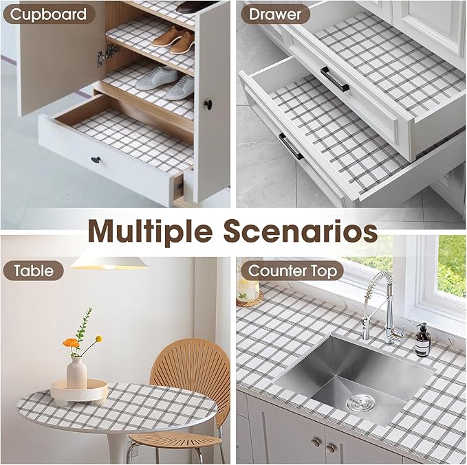 Drawer and Shelf Liner, Non-Slip Kitchen Cabinet Liners Non-Adhesive Thick Strong Grip Waterproof Washable Mats Protect Dresser Shelves Cupboard Bathroom Cabinets, White Stripes, 12 in X 20 FT