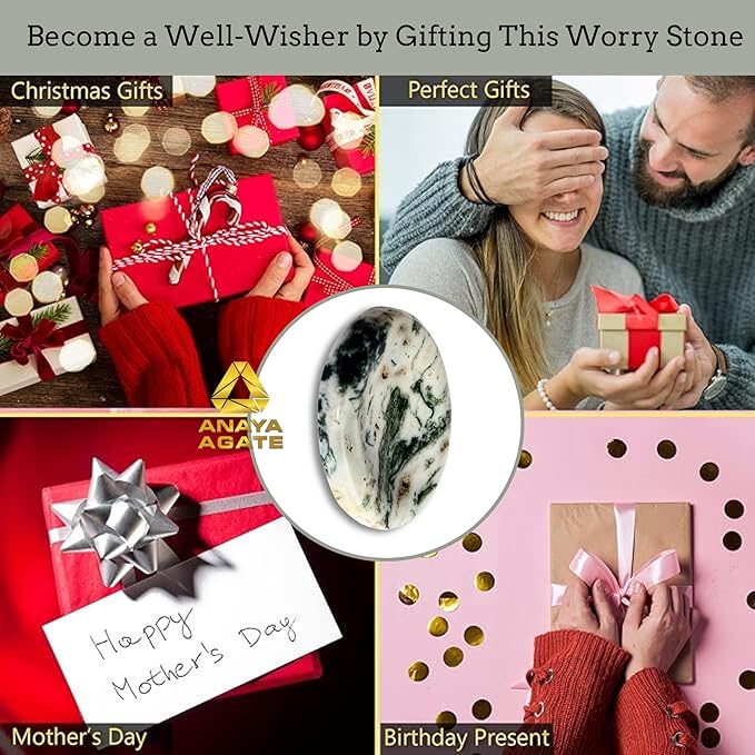 Tree Agate Worry Stones – Crystal Thumb Worry Stone for Anguish, Stress – Relaxing & Soothing Balance Stones for Meditation, Relief – Healing Stones & Crystals for Men, Women - Tree Agate