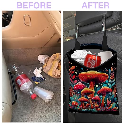 UUCBTAH Car Trash Bag Hanging Colorful Mushrooms Car Trash Can for Back Seat Waterproof Car Trash Bin with Adjustable Straps and Drawstring for Car Accessories Vehicle Traveling Camping