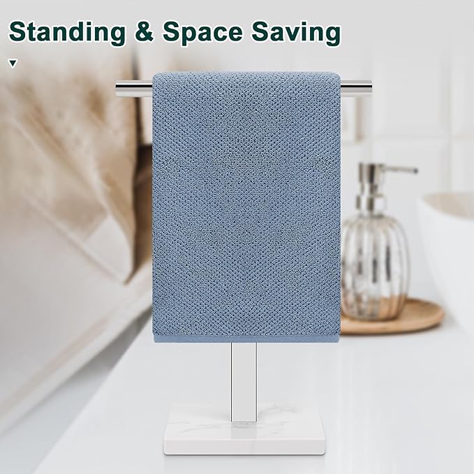 BathAce Hand Towel Holder, T-Shape Hand Towel Stand for Bathroom, Hand Towel Rack Bar Standing for Vanity Kitchen Countertop, 304 Stainless Steel (Marble Base, Chrome)