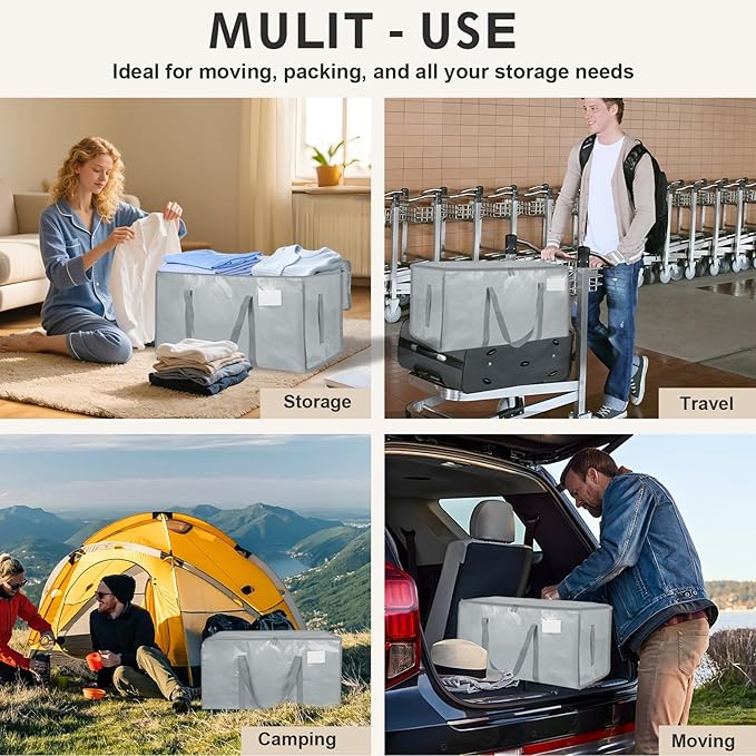 16 Pack-Extra Large Heavy Duty Moving Bags - Waterproof Storage Totes with Handles & Zippers, Foldable for College Dorm, Storage (Light Gray)