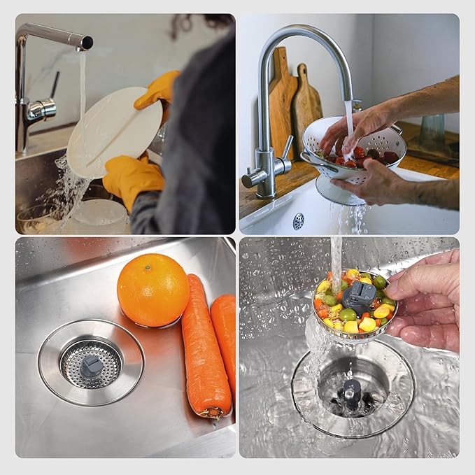 Hibbent 2 Pack 3 in 1 Kitchen Sink Drain Strainer, Stainless Steel Wrapped Shell Drain Stopper Combo, Pop Up Sink Stopper, Anti-Clogging Metal Basket Strainer with Handle for US Standard 3-1/2" Drain