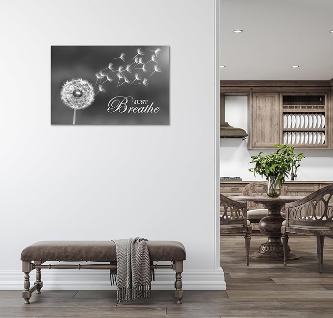 SKASNFAI Black and White Dandelion Zen Wall Art Canvas Just Breathe Motivation Positive Picture Art Print for Spa Yoga Meditation Wall Decor Ready to Hang (20L x 30W)