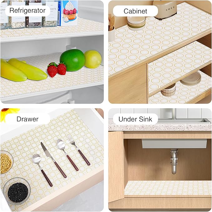 Drawer and Shelf Liner for Kitchen Cabinet,Non-Adhesive Cabinet Liner 18in x 10FT,Waterproof Shelf Paper Non-Slip Mats Cupboard Liners Contact Protect Dresser/Shelves/Table-Gold Octagonal