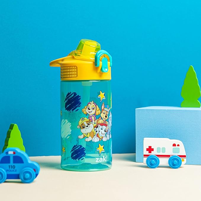 Zak Designs PAW Patrol Sage Water Bottle For School or Travel, 16oz Durable Plastic Water Bottle With Straw, Handle, and Leak-Proof, Pop-Up Spout Cover (Chase, Marshall, Skye, Rubble, Everest)