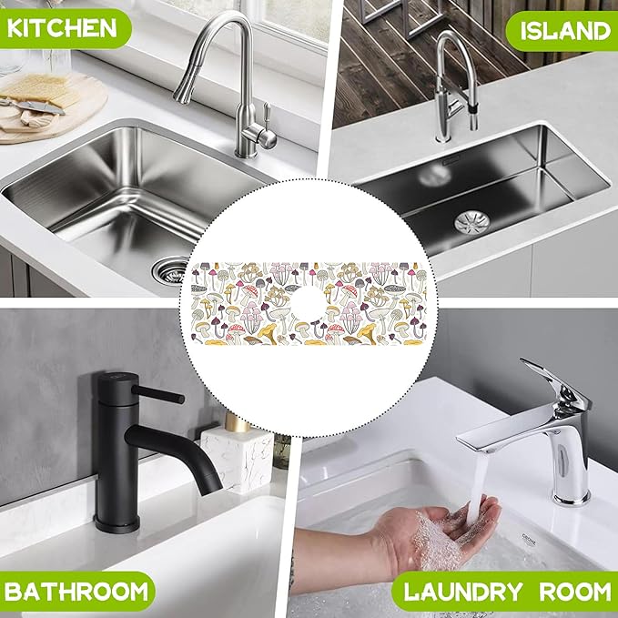 Colorful Mushrooms Kitchen Sink Splash Guard Faucet Mat, Super Absorbent Fast Drying Mat Guard Behind Faucet Drip Catcher for Kitchen Bathroom, 15.5"x5.5"