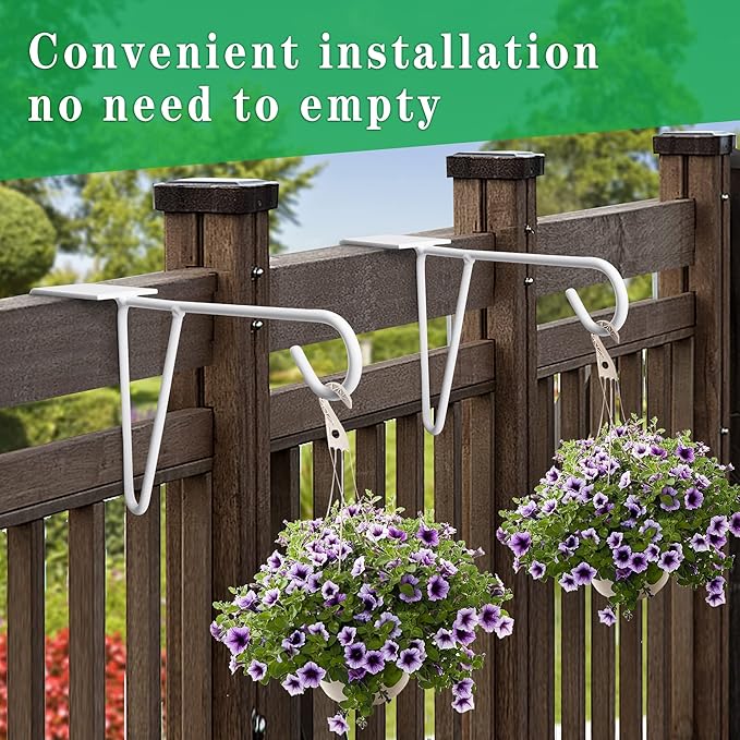 moonoom 4 Pcs Adjustable Vinyl Fence Hooks, Patio Hangers Decorative White Powder Coated Steel Fence Hangers Suitable for Hanging Plants,Lights,Basket (4pcs White)