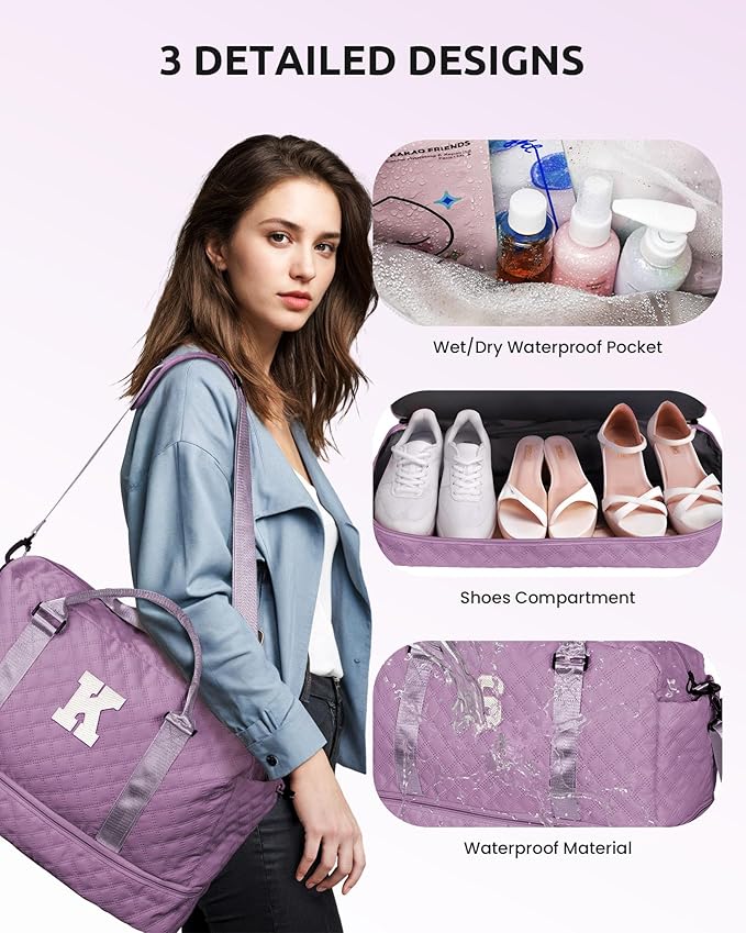 Unique Gifts for Her - Overnight Bags for Women, Personalized Weekender Bag, Monogram Travel Bag for Women with Trolley Sleeve & Wet Pocket, Letter Travel Bag with Makeup Bag (Letter D)