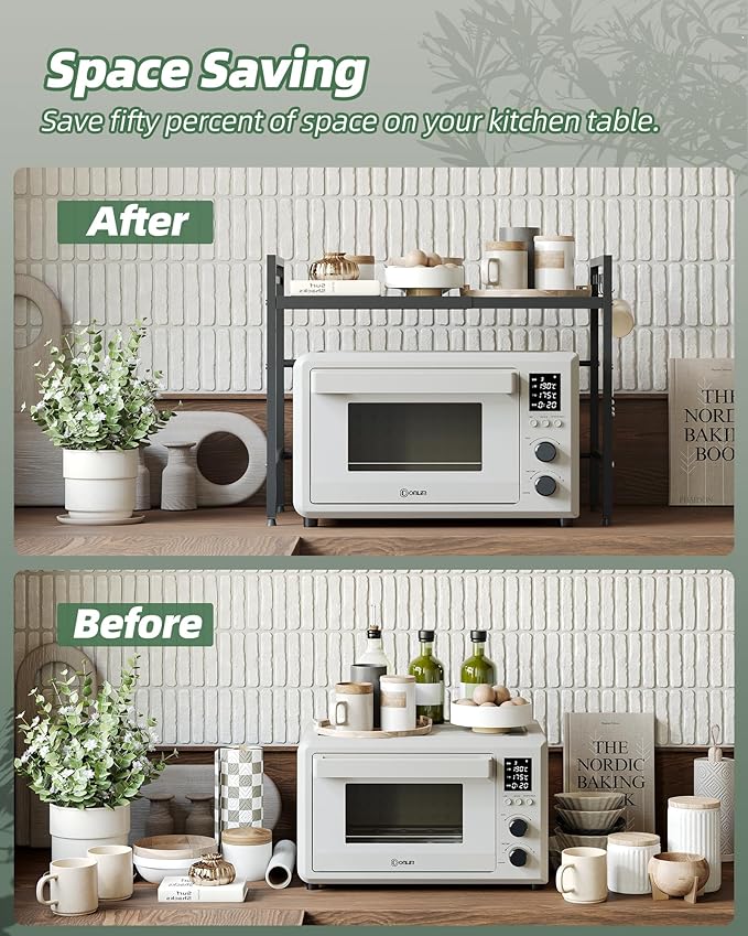 NETEL 2 Pcs Expandable Microwave Stand, 2-Tier Metal Kitchen Countertop Organizer Shelves with 8 Hooks, Bakers Rack, Microwave Shelf, Microwave Oven Rack, 55lbs Weight Capacity
