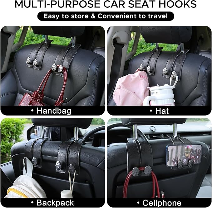 URIZZD 4 PCS Leather Car Seat Hooks for Headrest, Vehicle Hanger Storage Organizer Universal for Handbag Purse, Car Accessories Gift (Black-Black-4 PCS)