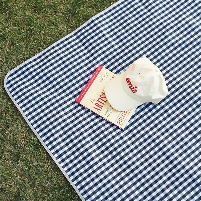 Cute Gingham Picnic Blanket, Waterproof Foldable, in Large 80x60in and Extra Large 80x80in, Portable Compact Beach Blanket, Oversized XL Outdoor Mat (Black, X-Large)