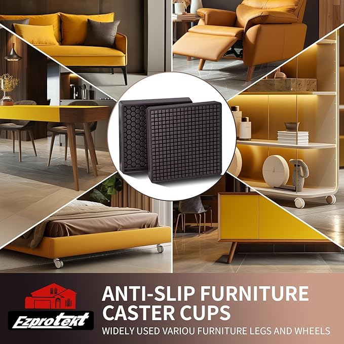 Ezprotekt 3x3" Square Rubber Anti-Slip Furniture Pads Coasters for Hardwood Floors, 4 Pcs Non-Slip Furniture Caster Cups Floor Protectors for Sofa Couch Bed Stoppers to Prevent Sliding (Brown)