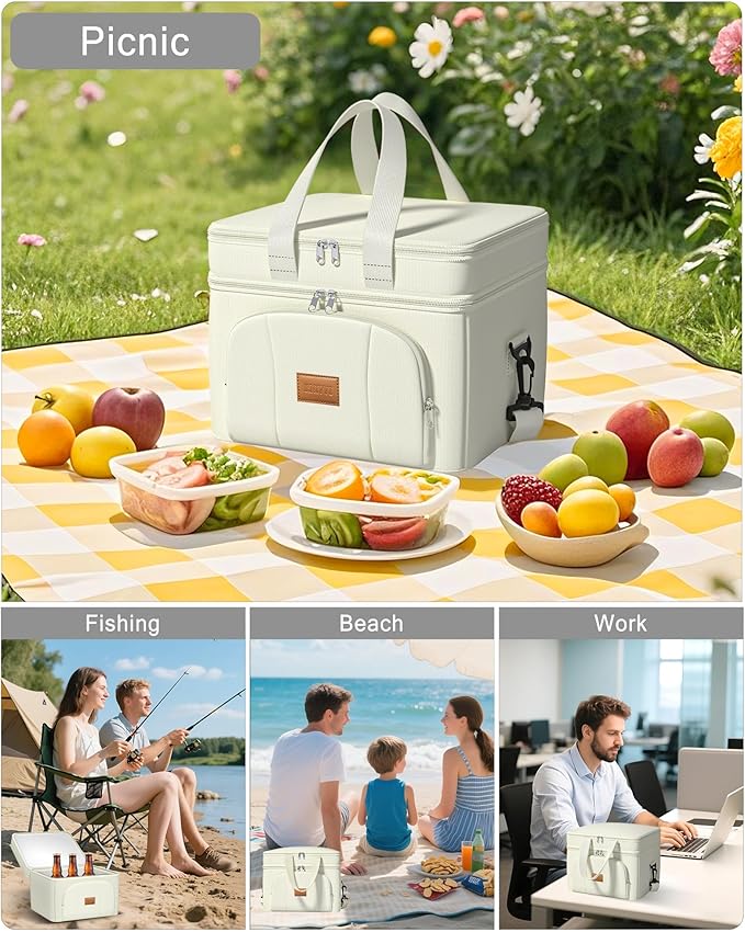 Rnivvi Lunch Box for Women, Double Decker Insulated Cooler Bag Lunch Bag Reusable Leakproof Tote Lunch Container with Strap for Work Family Picnic Hiking Camping, 18 Cans 12L, Large Adults, White