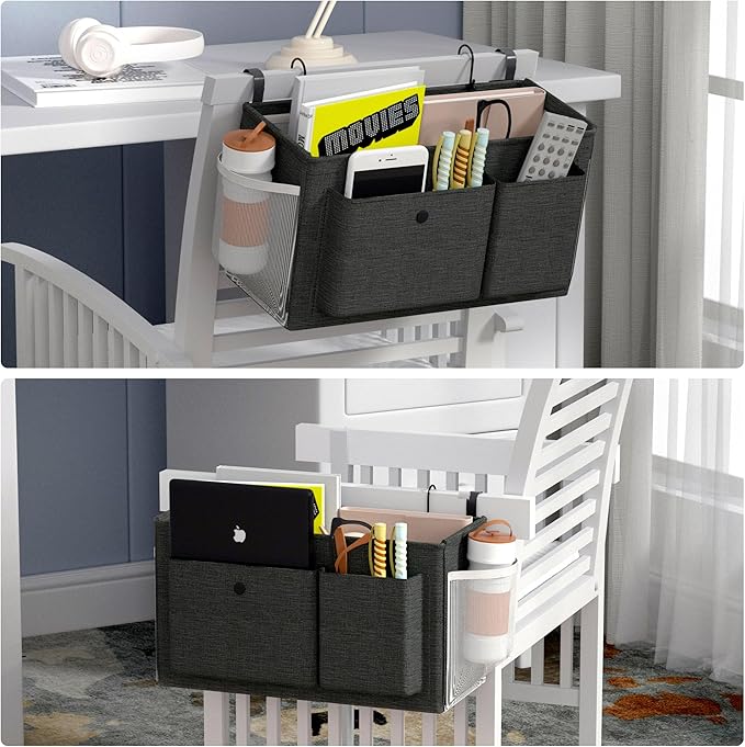 Bedside Caddy Bedside Organizer with Fixed Straps & Water Bottle Holder, Bunk Bed Caddy ideal for Home, Dorm, Hospital, Crib, Versatile Bedside Storage Solution (Black 2pcs)