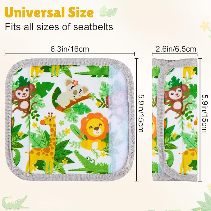 Seat Belt Cover Pad for Baby, Soft Seatbelt Cushion Covers for Kids, 2 Pcs Car Seat Strap Shoulder Pads for All Car Seats, Stroller, High Chair, Green Zoo