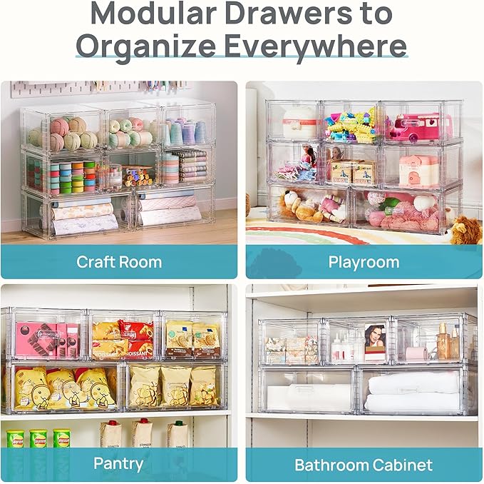 Vtopmart 3 Pack 18QT Clear Stackable Storage Drawers, Easily Assemble Closet Organizers, Plastic Storage Bins for Bathroom, Cabinet, Kitchen Pantry, Under Sink Organization (Medium)