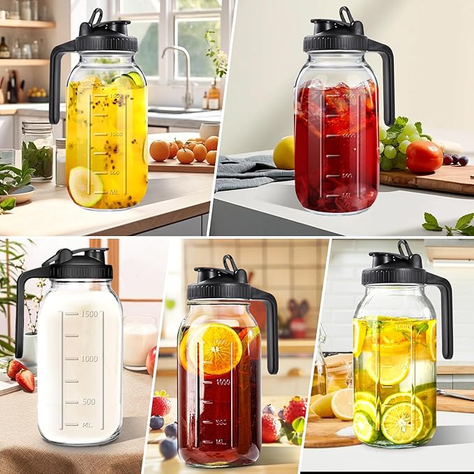 64oz Glass Pitcher with Lid, 2 Quart Mason Jar Pitchers with Lid and Spout, Wide Mouth Breast Milk Pitcher Glass Jug Sun Tea Pitchers, Cold Brew Coffee pitcher, Fridge Container for Water, Juice, Tea