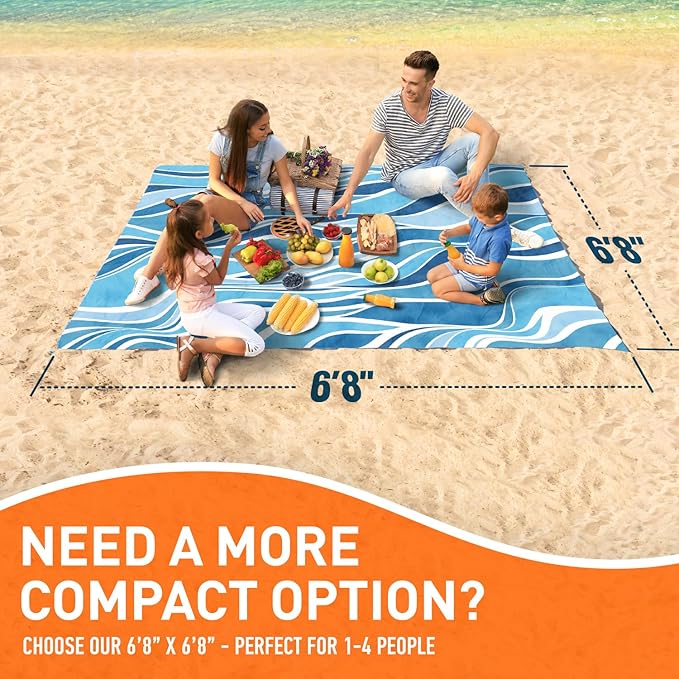 Everlasting Comfort Large Beach Blanket Waterproof & Sandproof - 128” x 108” /10.7ft x 9ft - Lightweight Picnic Mat, Camping Necessities for 10 People - Accessories for Outdoor Festivals - Blue