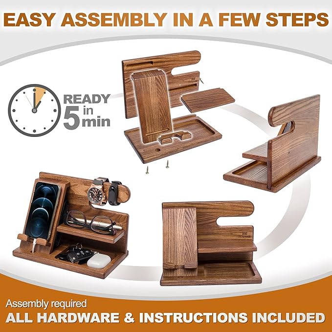 TESLYAR Wood Phone Docking Station Ash Key Holder Wallet Stand Watch Organizer Men Christmas Gift Husband Wife Anniversary Dad Birthday Nightstand Purse Father Graduation Male Idea Gadgets (Beige)