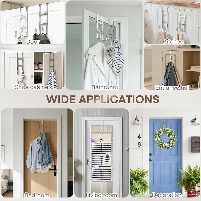 FYY 2 Packs Over The Door Hooks, Double Sided Door Hanger Hook - Heavy Duty No Drill Wall Hooks for Hanging Coats, Towels, Bags, Kitchen Closet Fits Most Doors Up to 1-7/8" Thickness (7.8" L, Silver)