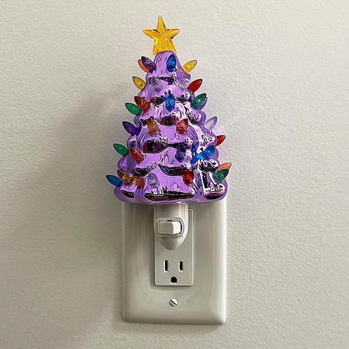 Milltown Merchants Ceramic Christmas Tree Night Light - Plug-in Vintage Tree with Lights - Mini Decorative Night Light (Pearl Violet)