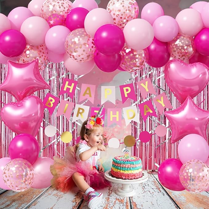 Jobkoo Pink Birthday Decorations for Girls, Hot Light Pink Balloon Garland Arch Kit Happy Birthday Banner Foil Curtain Heart Star Foil Party Balloons for Princess Party Decor