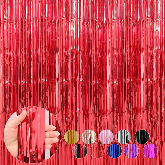 4 Pack Red Foil Fringe Curtains Streamers 3.3 x 8.2 ft, Tinsel Backdrop for Parties, Door Birthday Streamers, Photo Booth Backdrops, Party Decorations