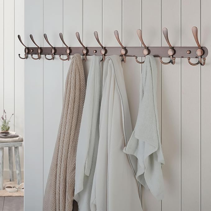 Dseap Coat Rack Wall Mount - 38” Long 10-Tri-Hooks Heavy Duty Coat Hanger Rail Wall Hooks for Hanging Coats Hats Clothing Clothes Purse Mudroom Entryway, Antique Copper