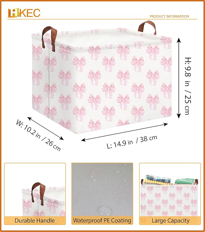 Rectangle Storage Basket with Handles, Collapsible Storage Bin, Books Box, Gift Basket (Shimmer Bowknot)