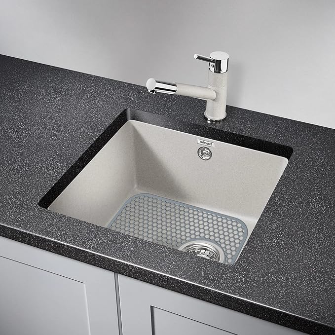 Silicone Kitchen Sink Protector Mat with Rear Drain - 13.58''x 11.6'' Kitchen Sink Accessory, Folding Non-Slip Heat Resistant Mat Grid for Bottom of Stainless Steel Porcelain (Rear Hole)