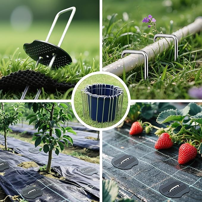 200Pcs Garden Staples +200Pcs Gasket +Pick Hook +Rubber Mallet, 6 Inch Landscape Fabric Stakes Galvanized Weed Barrier Stakes 11 Gauge Landscape Pins U Shape Lawn Staples for Yard, Turf, Sod, Weed Mat