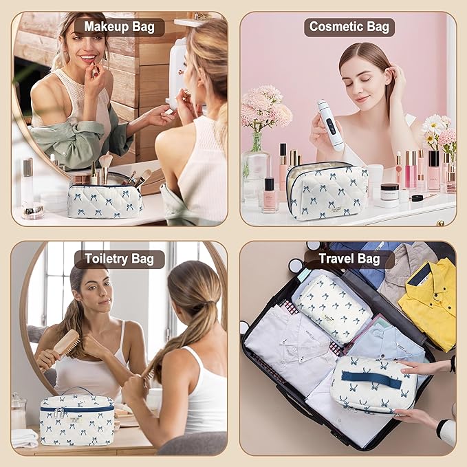 TOPEAST Travel Makeup for Women Girl, 3Pcs Large Cute Quilted Makeup Bag Organizer for Purse, Portable Big Cosmetic Brush Pouch with Zipper Compartment, Blue Bow