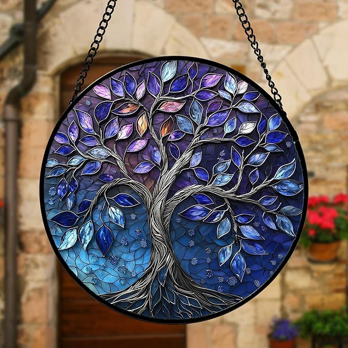 Stained Glass Window Hanging, Blue Purple Tree of Life Sun Catchers Colorful Glass Panel Plants Suncatcher Decor for Birthday for Women,Men,Wife, Lovers, and Mom 7.8 in