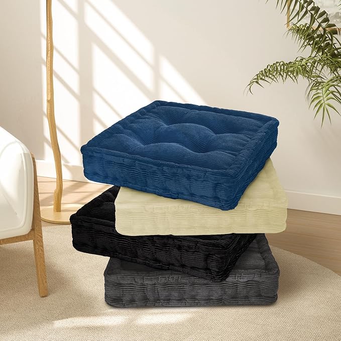 Wellsin Square Floor Pillows for Adults Kids - Meditation Floor Pillow Seating Cushion - Tufted Floor Cushion with Shredded Foam & Velvet Cover, 2 Pack, 20x20 Inch, Black