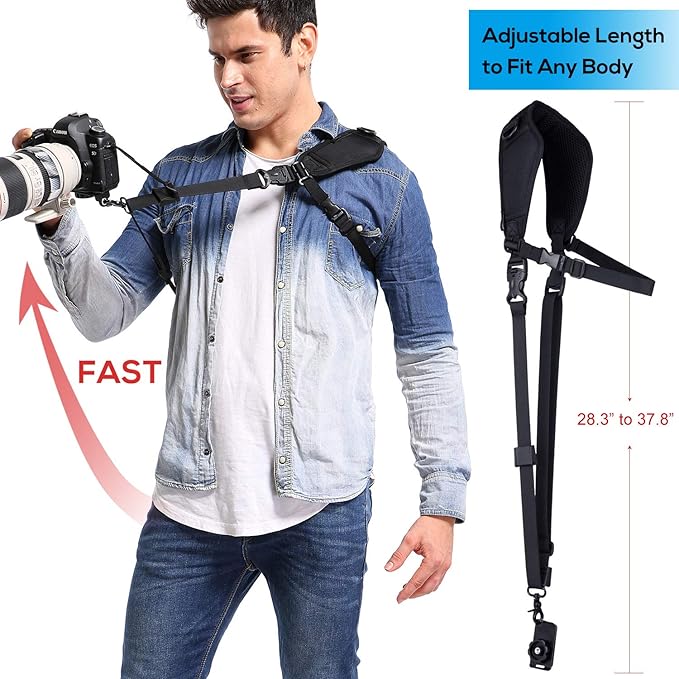 Waka Camera Neck Strap with Quick Release, Safety Tether and Underarm Strap, Adjustable Shoulder Sling Strap for Nikon Canon Sony Fuji DSLR, Black
