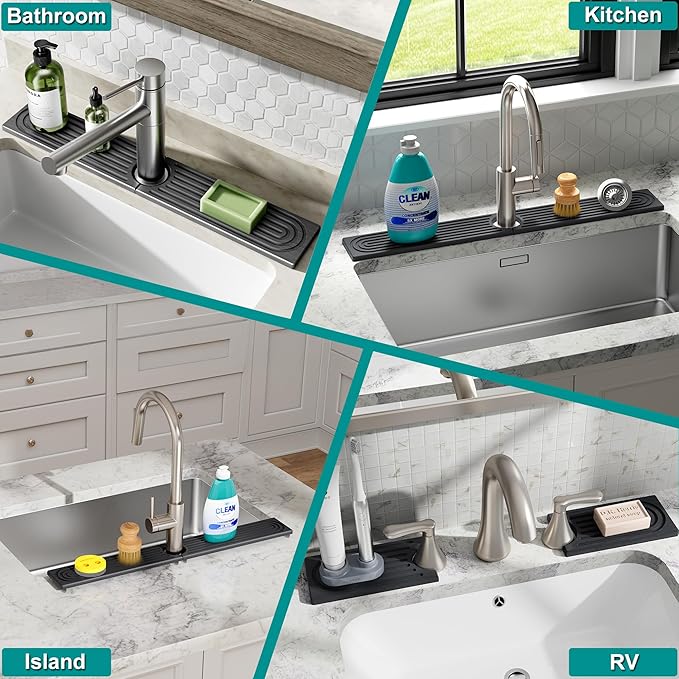Stone Faucet Mat for Kitchen Sink - Quick Dry Diatomite Sink Splash Guard, Prevents Moisture Buildup & Water Stains, Water Absorbing Stone Tray for Bathroom Countertop (Dark Gray, 23.6" x 4")