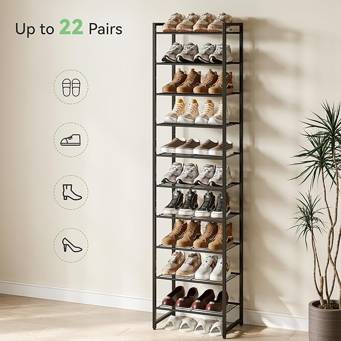 Narrow Shoe Rack, 10-Tier Metal Shoe Organizer,Tall Shoe Shelf with Anti-Tip Strap, Max Holds 20 Pairs,Space Saving for Closet,Entryway,Black